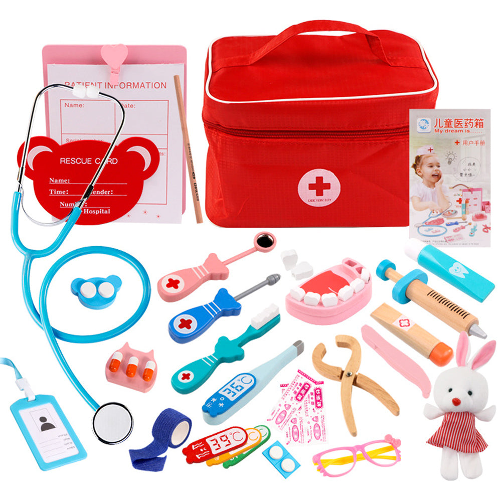 Pretend Children’s Toy Doctor’s Kit, 23 WoodenToy Dentist Medical Kits with Realistic Stethoscope and Handbag, Play House Toy Gifts for Boys and Girls