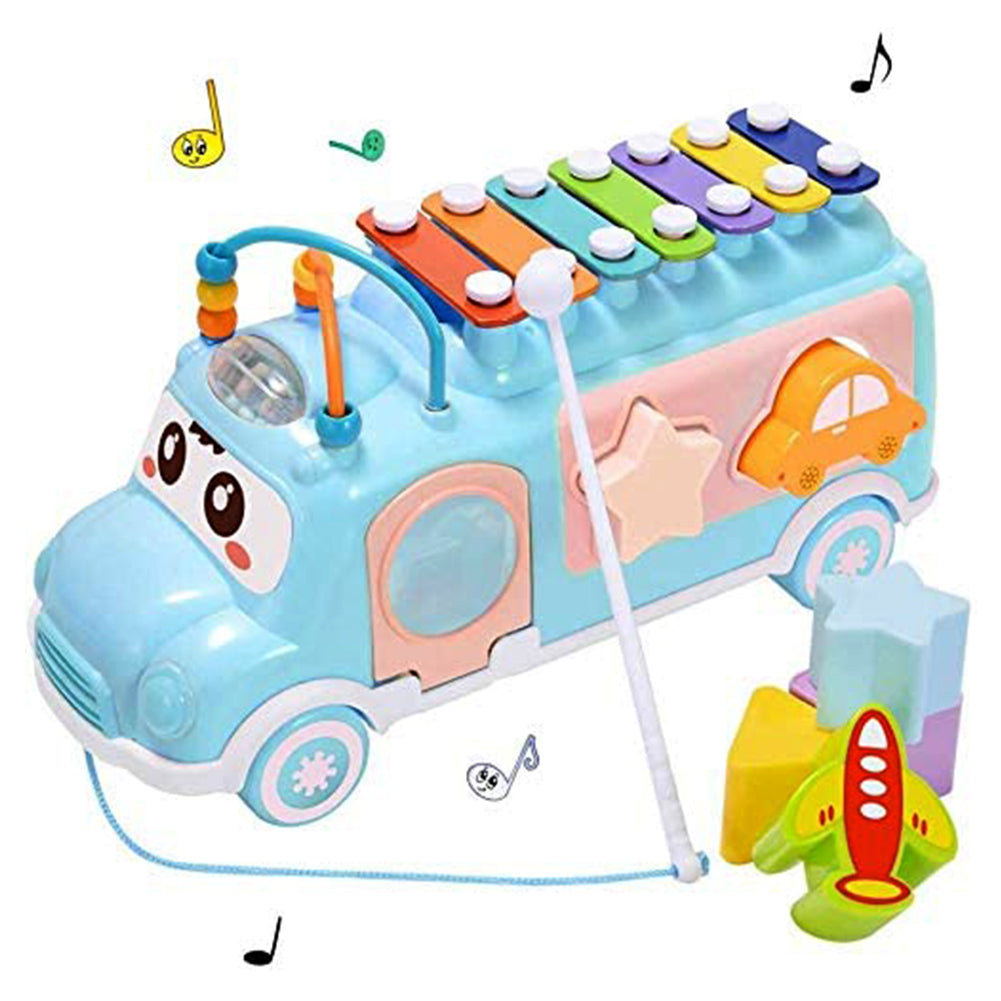 Baby Toy Musical School Bus,Knocking Piano Car with Shape Puzzles,Sensory Toys for Toddlers 1-3,Educational Learning Gift for Girls and Boys